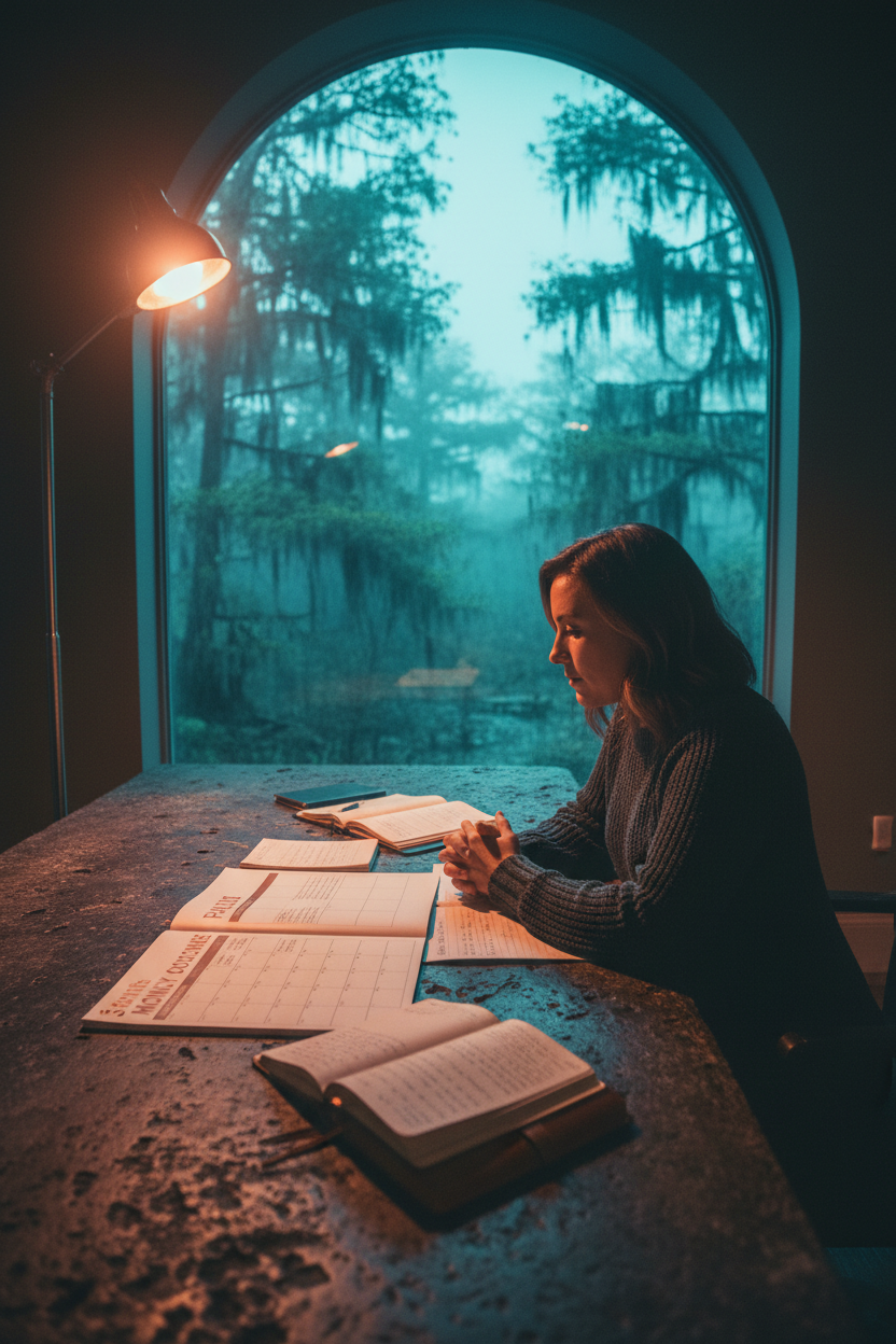 Person reviewing 3-month money coaching plan at pre-dawn