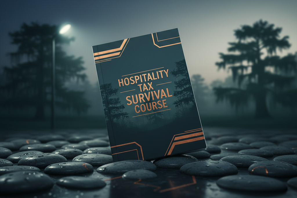 Hospitality Tax Survival Course workbook on dark river stone