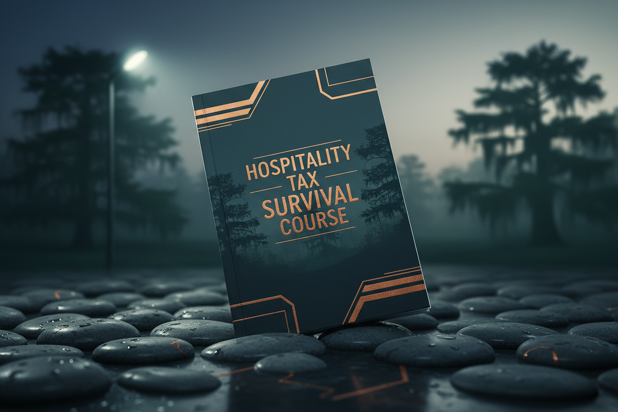 Hospitality Tax Survival Course workbook on dark river stone
