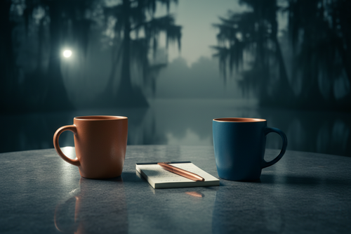 Two mugs on dark river stone table suggesting an intimate money conversation