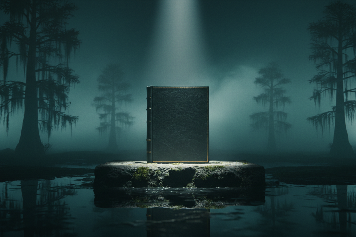 Premium dark hardcover strategy book on a wet stone platform above still swamp water, dramatic spotlight, cypress silhouettes, teal-and-gold cinematic tone