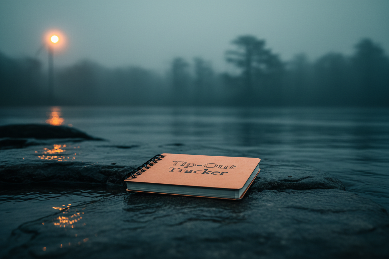Tip-Out Tracker notebook on dark river stone surface