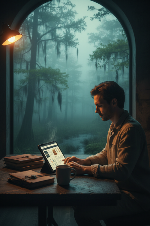 New freelancer working through course materials at pre-dawn