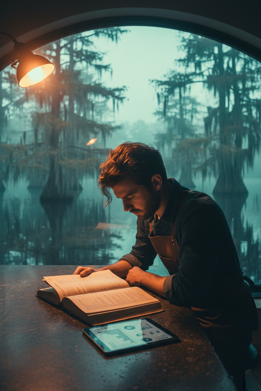 Tipped worker studying money course at pre-dawn