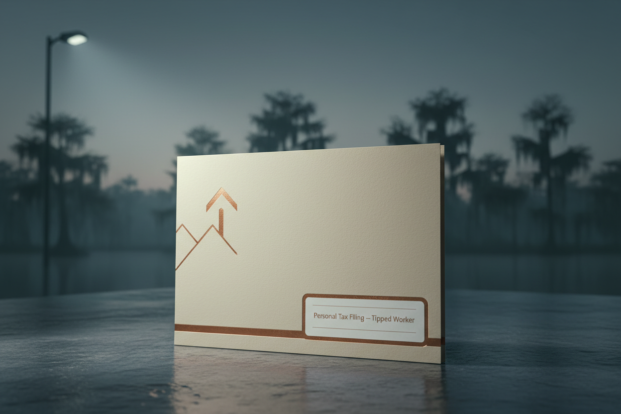 Personal Tax Filing service folder on dark river stone surface