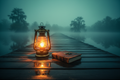 Glowing lantern beside a thick leather journal on a dark wooden dock over misty swamp water, cinematic premium teal-and-amber atmosphere