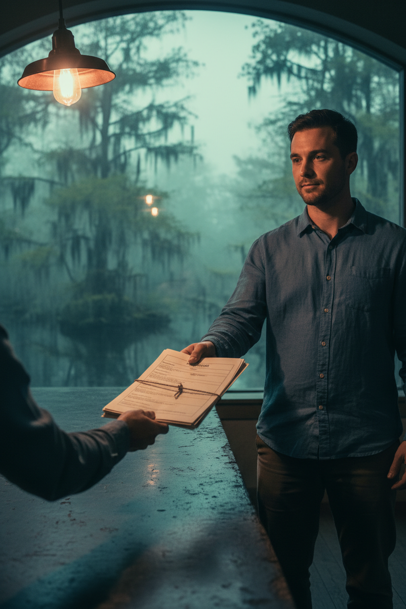 Tipped worker handing over tax documents at pre-dawn