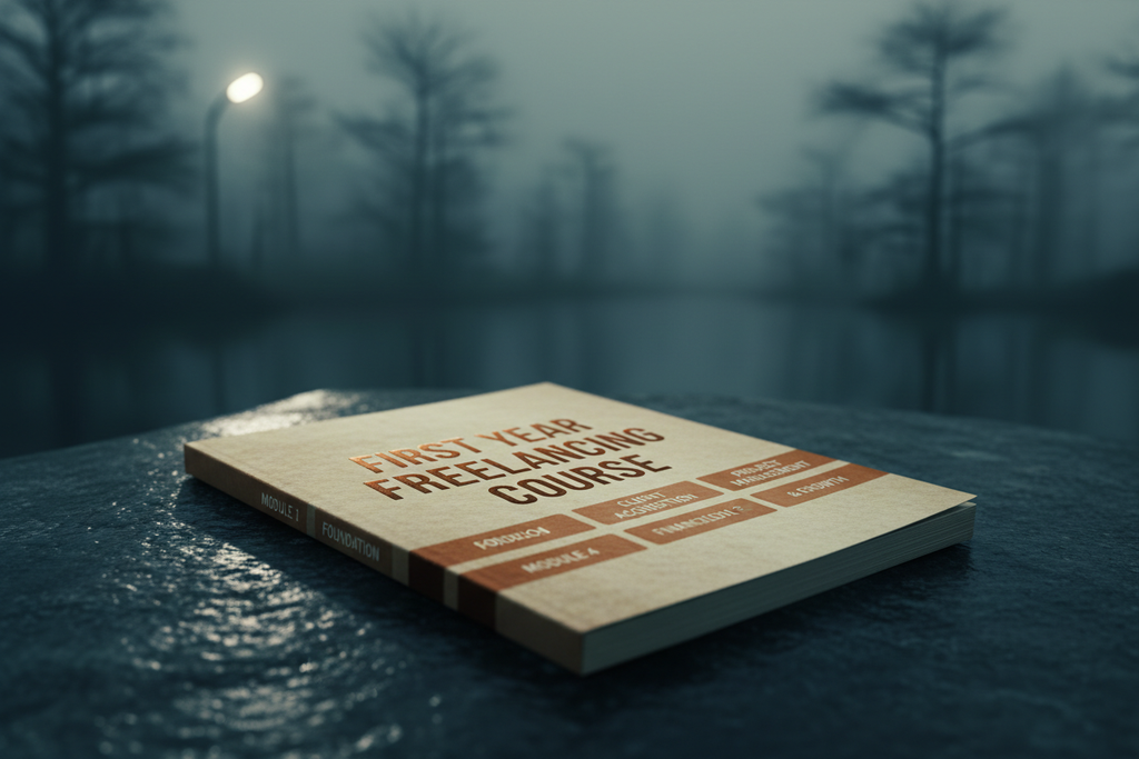 First Year Freelancing Course guide on dark river stone surface