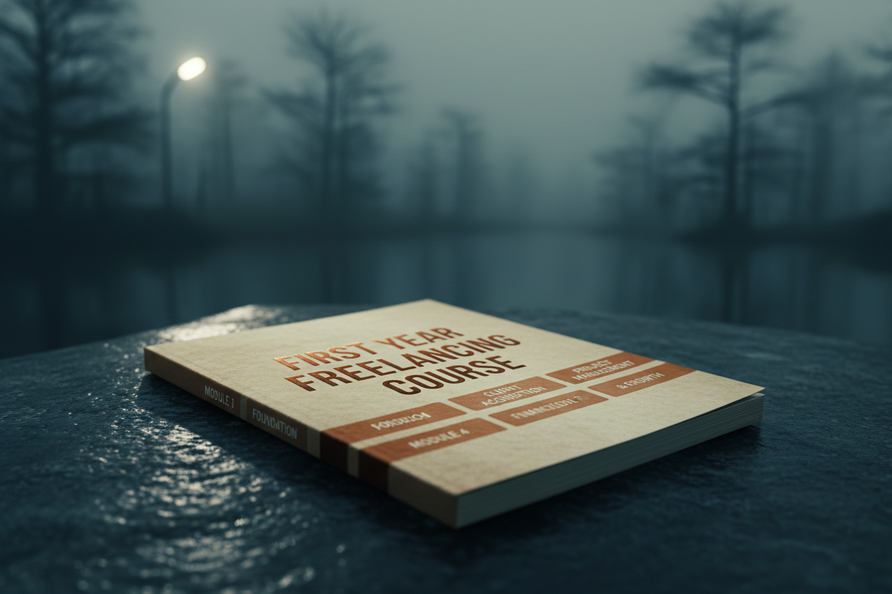 First Year Freelancing Course guide on dark river stone surface