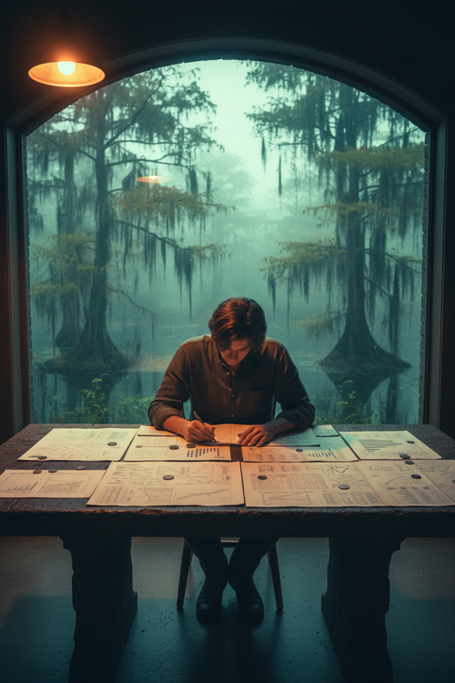Person organizing cash flow worksheets at pre-dawn