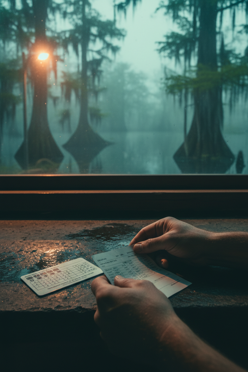 Worker comparing paystub to decoder card at pre-dawn