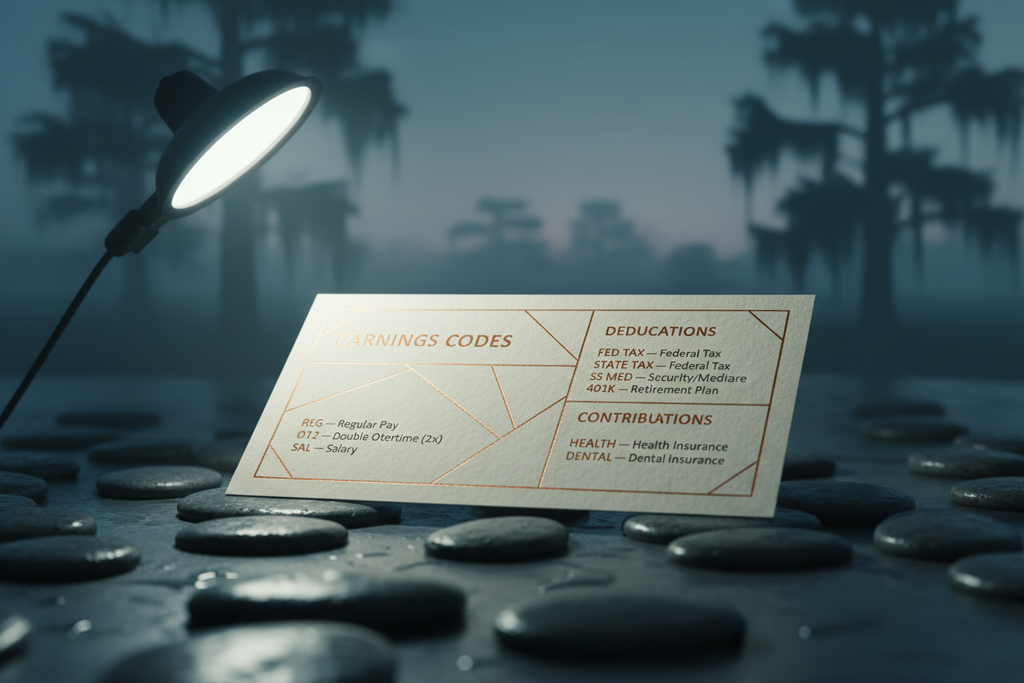 Paystub Decoder reference card on dark river stone surface