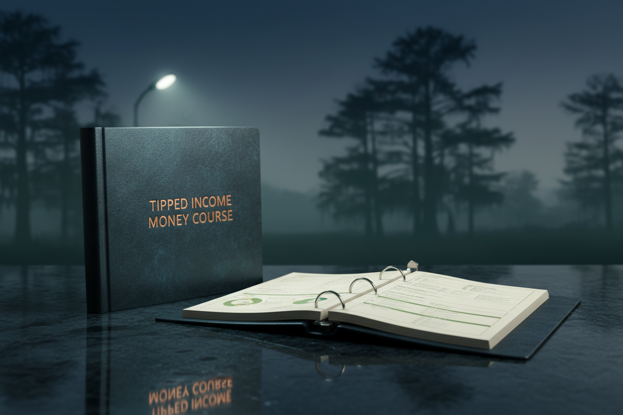 Tipped Income Money Course binder on dark river stone surface