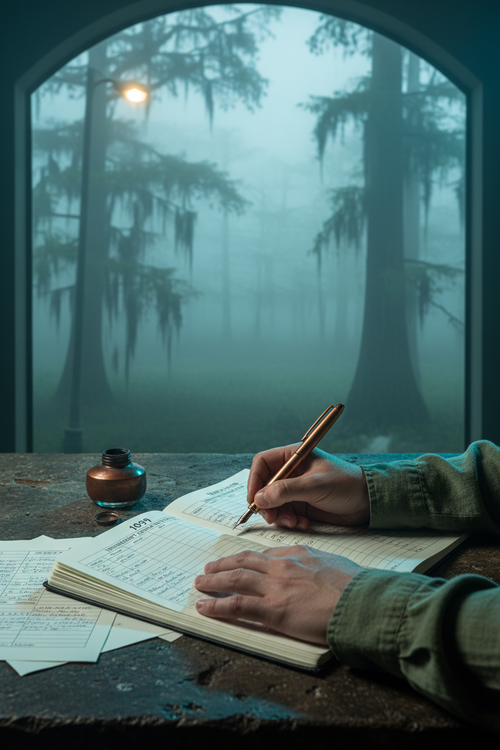 Freelancer filling out 1099 workbook at pre-dawn