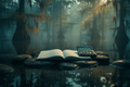 Open spreadsheet notebook and calculator on dark wet stones above still swamp water, misty cypress trees, moody teal-and-amber cinematic lighting