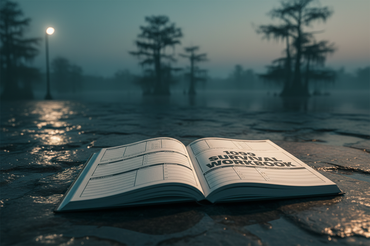 1099 Survival Workbook open on dark river stone surface