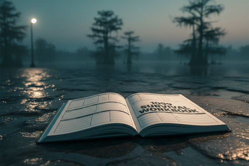 1099 Survival Workbook open on dark river stone surface