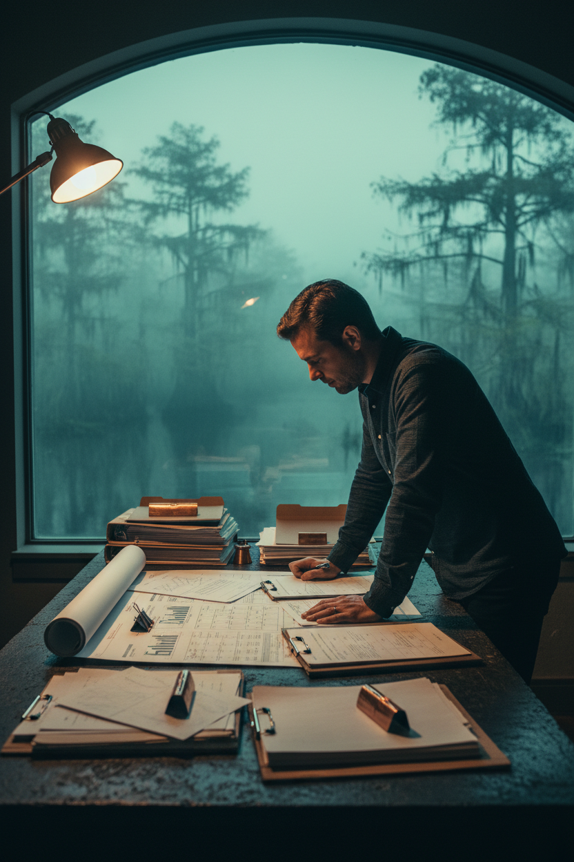 Tipped worker reviewing annual financial wrap package at pre-dawn