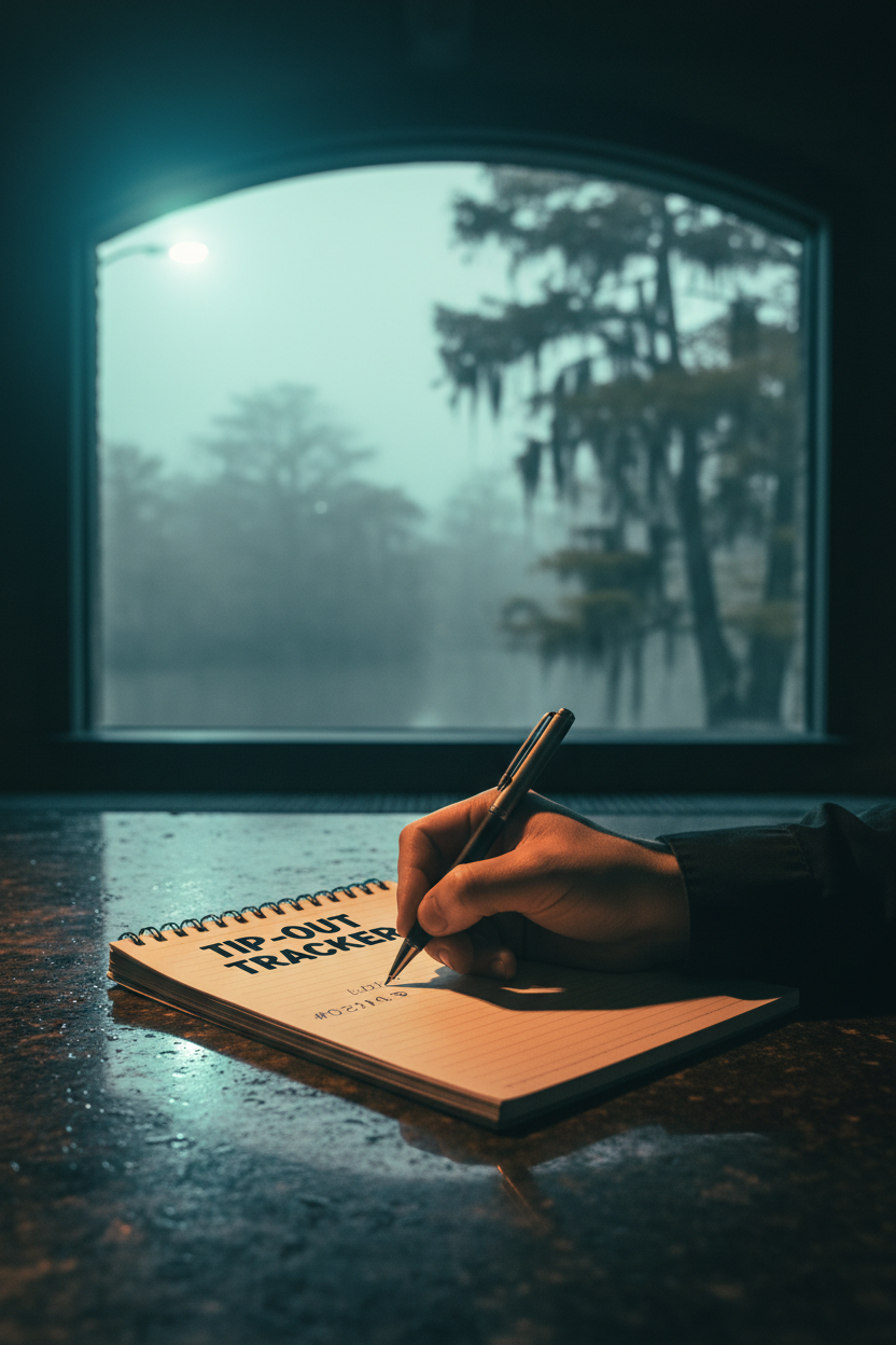 Bartender writing in Tip-Out Tracker at pre-dawn