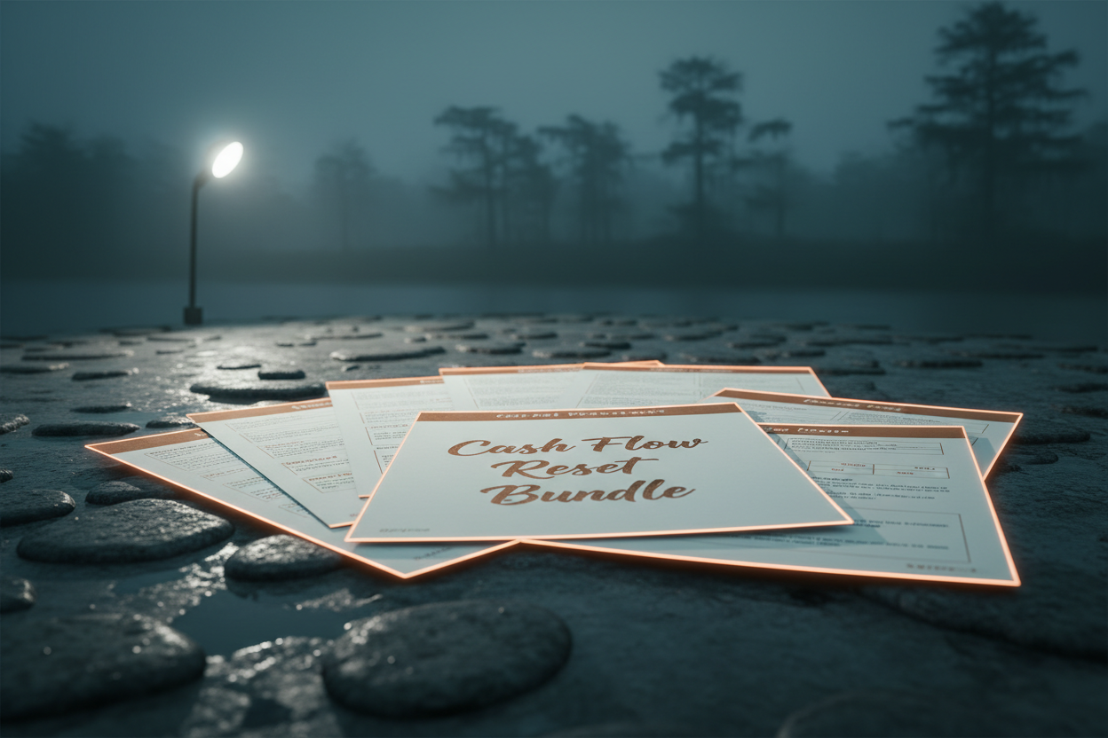 Cash Flow Reset Bundle worksheets fanned out on dark river stone