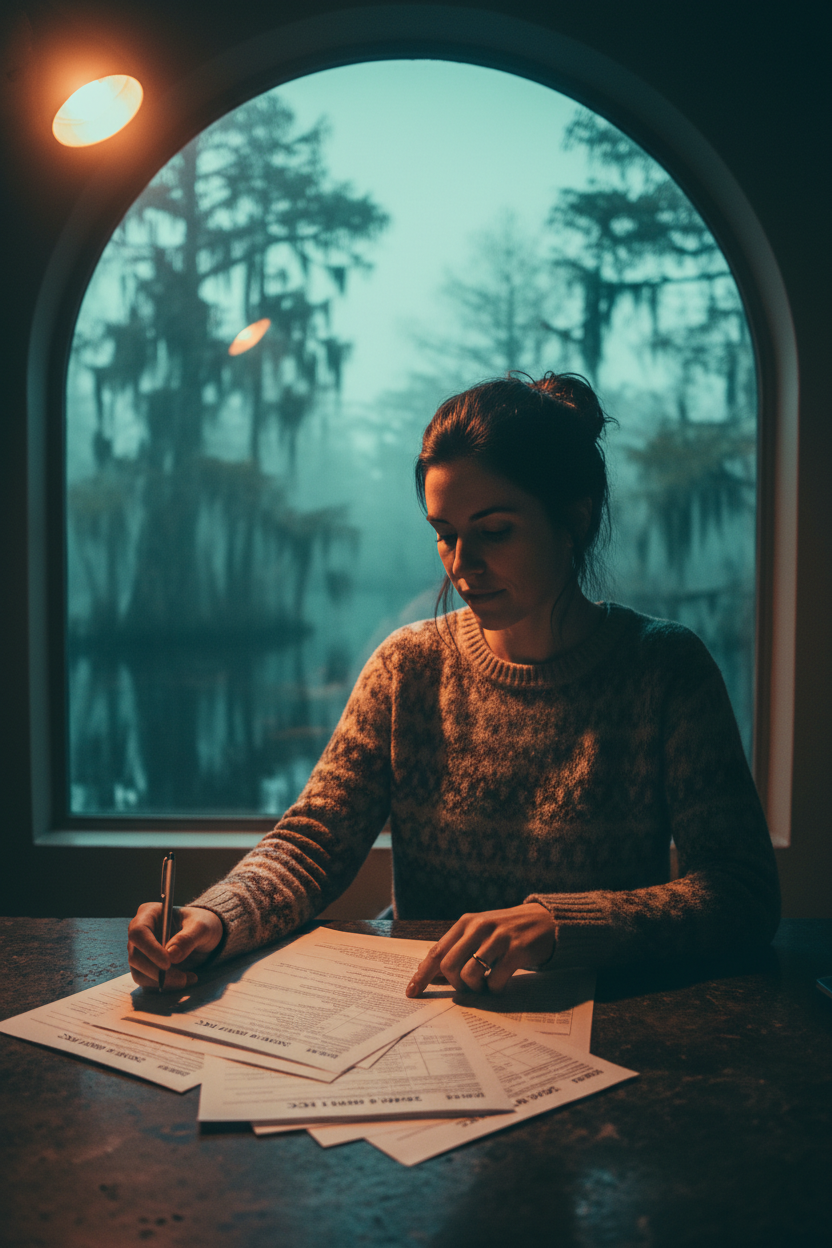 Freelancer reviewing 1099 documents at pre-dawn