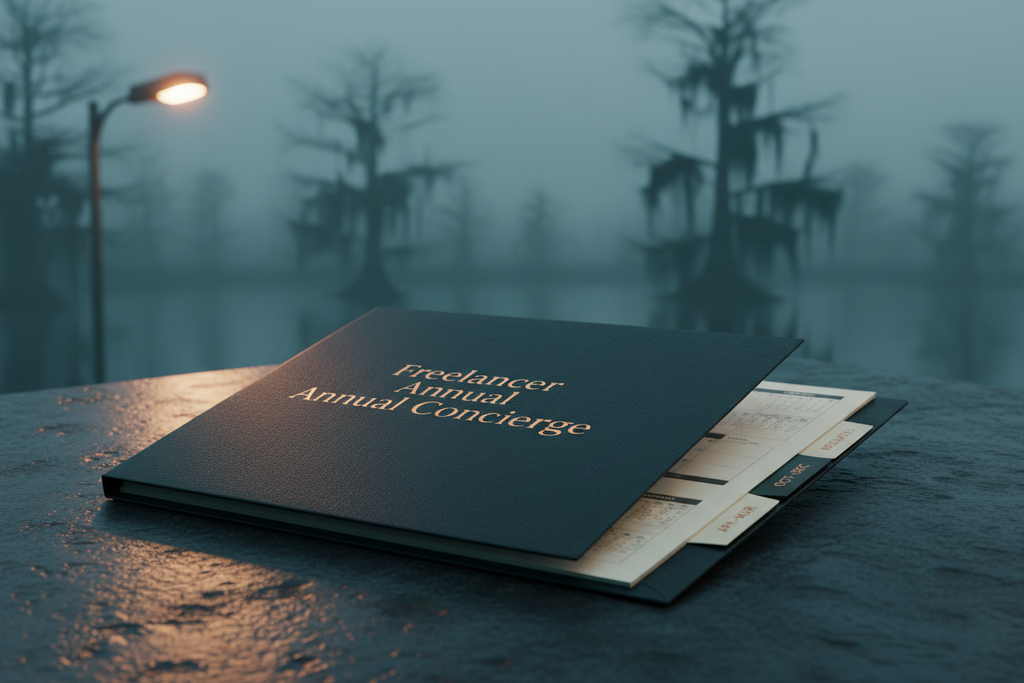 Freelancer Annual Concierge premium package folder on dark river stone