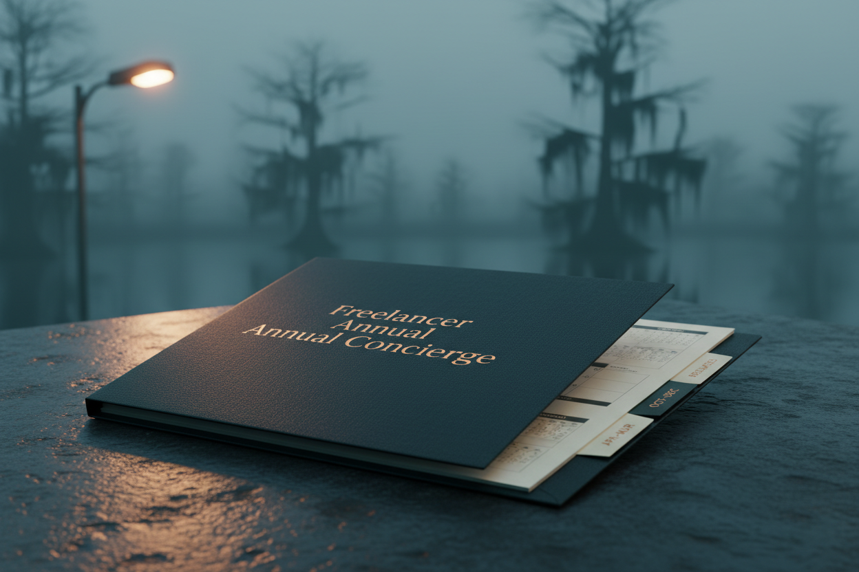 Freelancer Annual Concierge premium package folder on dark river stone