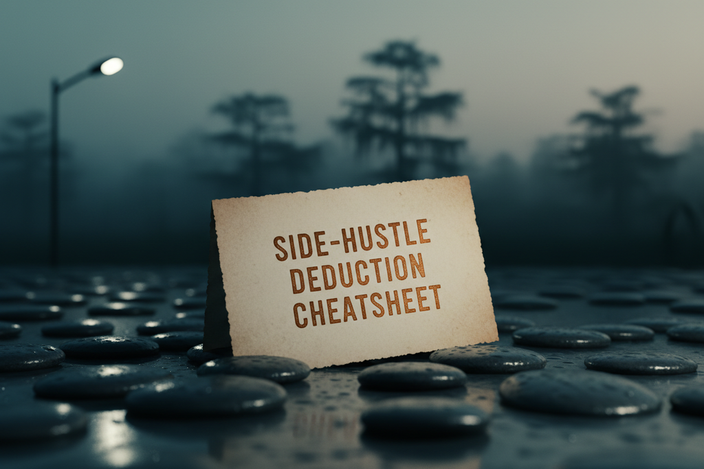 Side-Hustle Deduction Cheatsheet on dark river stone surface