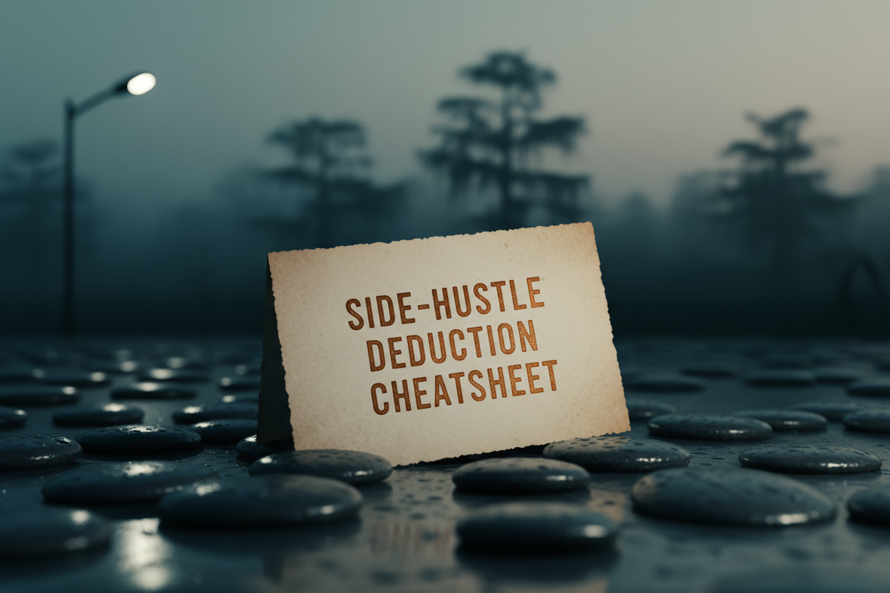 Side-Hustle Deduction Cheatsheet on dark river stone surface
