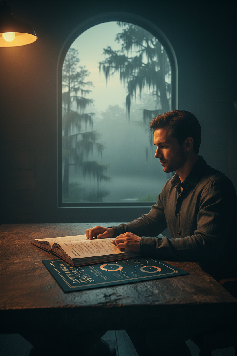 Person reviewing full-year money partnership roadmap at pre-dawn