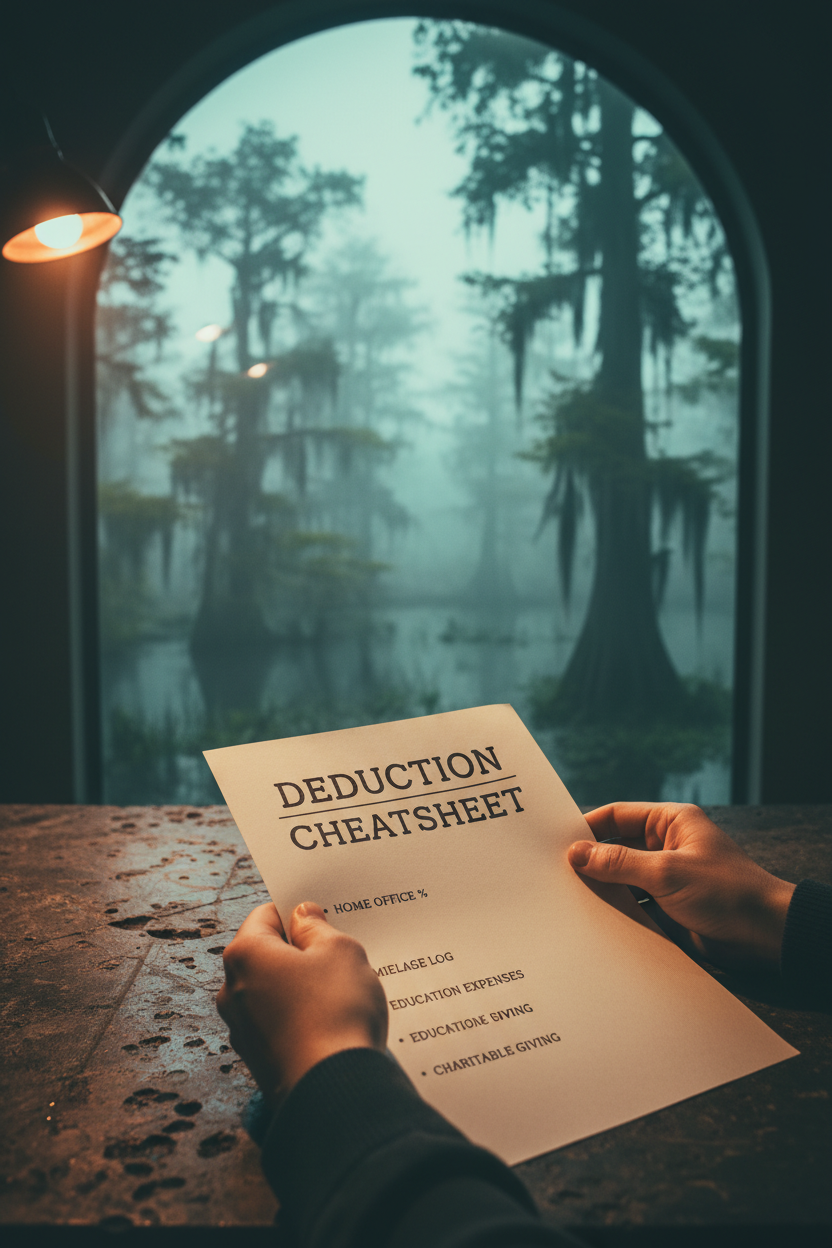 Person reviewing deduction cheatsheet at pre-dawn