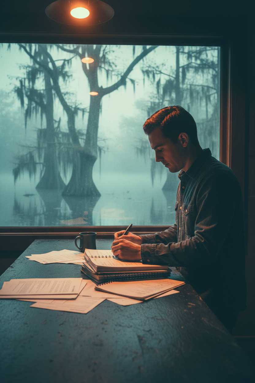 Hospitality worker studying tax course materials at pre-dawn