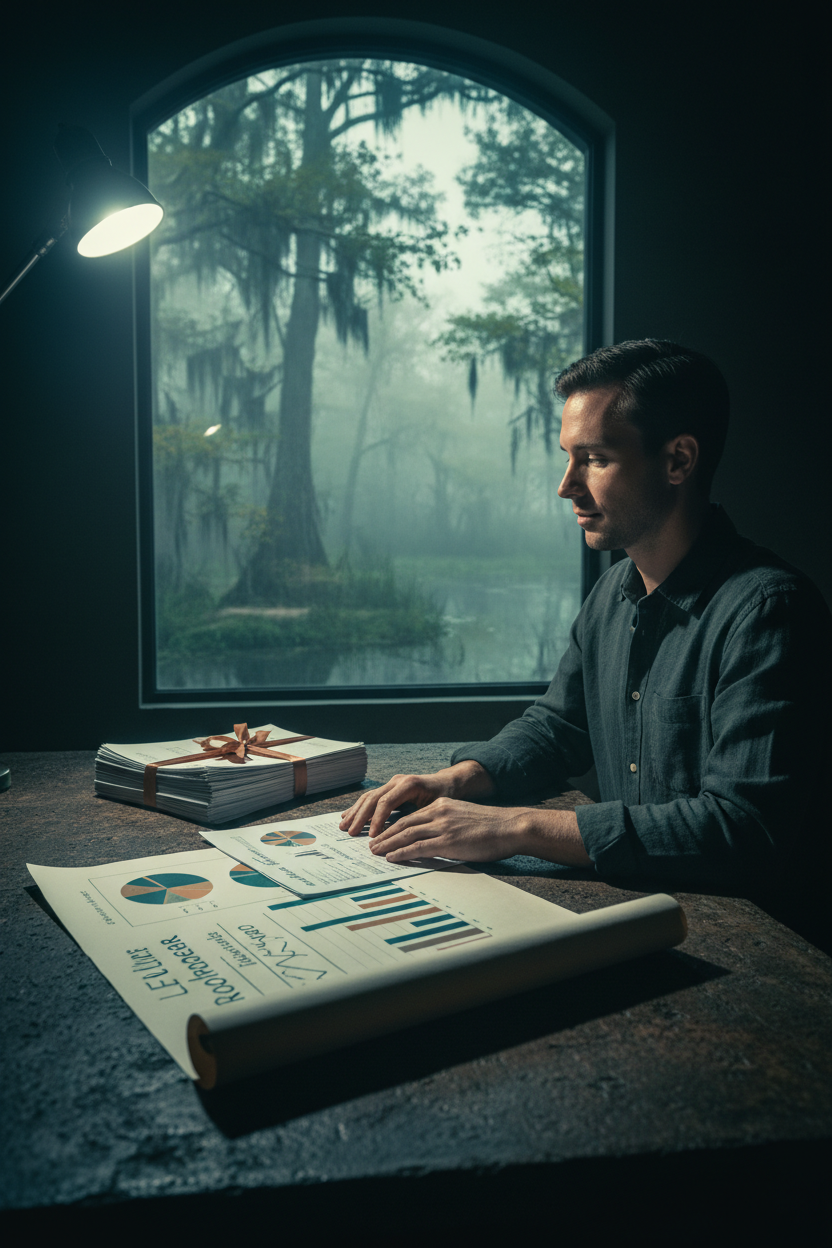 Freelancer reviewing annual concierge package at pre-dawn